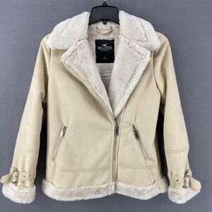 Hollister Jacket Womens Small Tan Suede Faux Fur Lined Asymmetrical Coat Soft